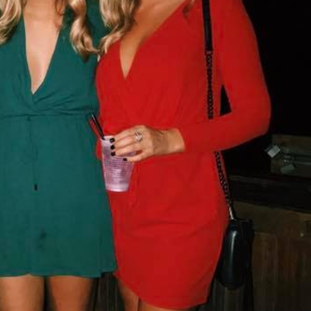 Red Long Sleeve Wrap Dress